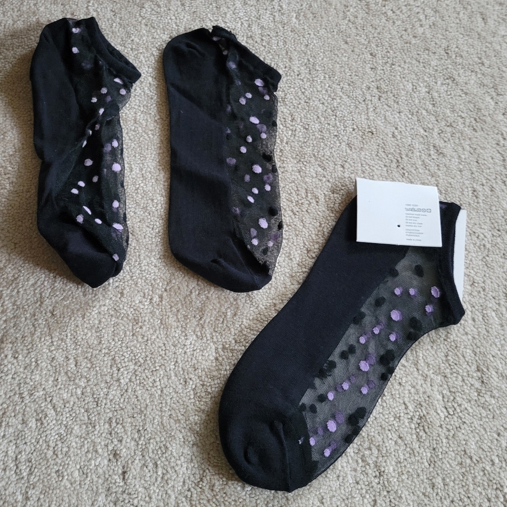 2prs of Socks Sheer on Top with Polka dots Black Purple One size Womens Ankle